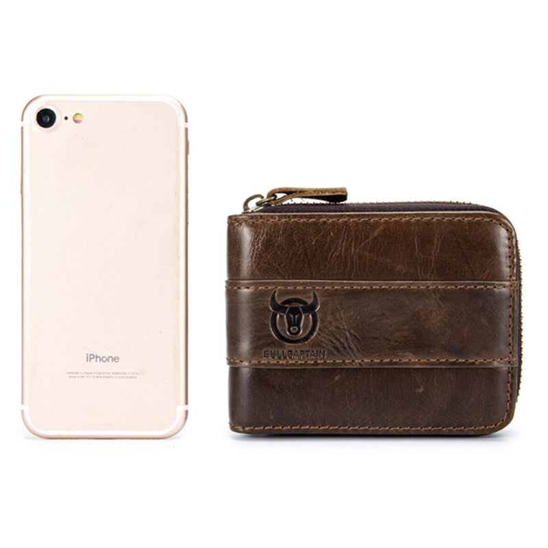 Bullcaptain Genuine Leather Trifold Wallet RFID Antimagnetic Vintage 11 Card Slots Coin Bag Wallet For Men