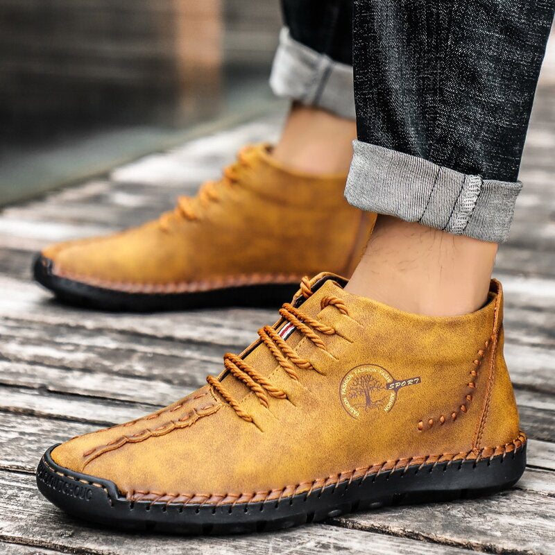 Men Hand Stitching Leather Non Slip Soft Sole Casual Ankle Boots