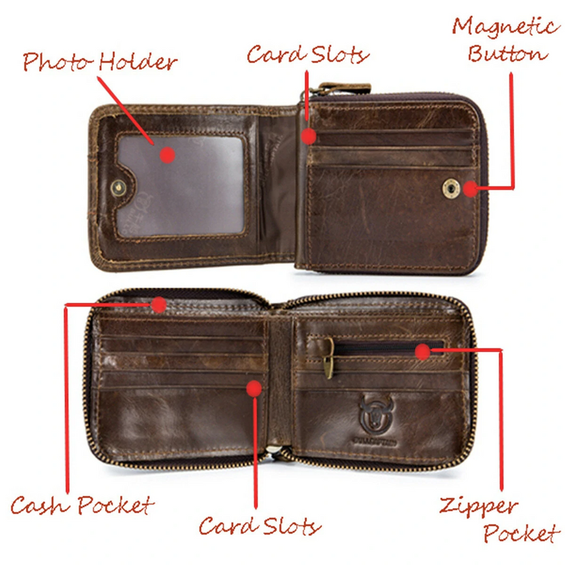Bullcaptain Genuine Leather Trifold Wallet RFID Antimagnetic Vintage 11 Card Slots Coin Bag Wallet For Men