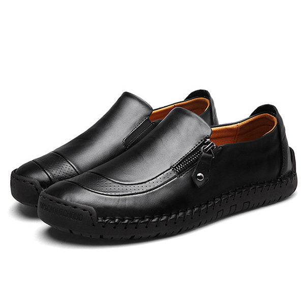 Men Hand Stitching Zipper Slip-on Leather Shoes