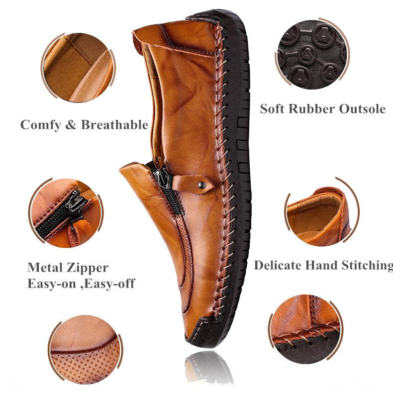 Men Hand Stitching Zipper Slip-on Leather Shoes