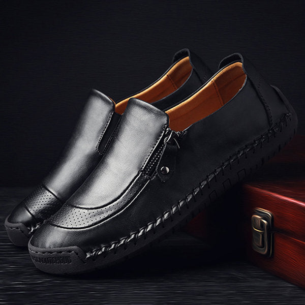 Men Hand Stitching Zipper Slip-on Leather Shoes