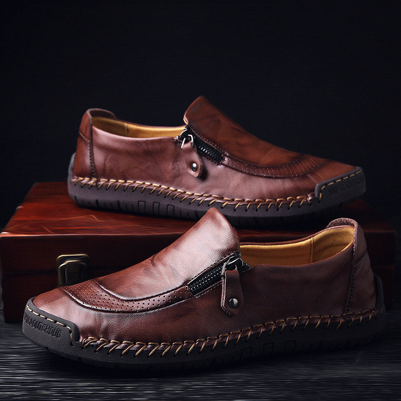 Men Hand Stitching Zipper Slip-on Leather Shoes